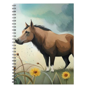 Niedlicher brauner Pony im Blumenfeld Notizblock