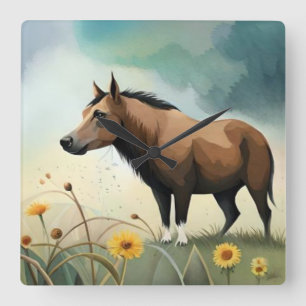 Niedlicher brauner Pony im Blumenfeld Quadratische Wanduhr