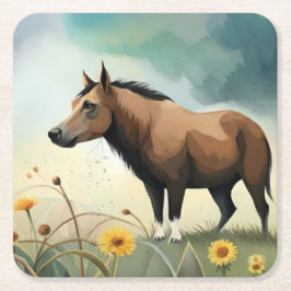 Niedlicher brauner Pony im Blumenfeld Rechteckiger Pappuntersetzer