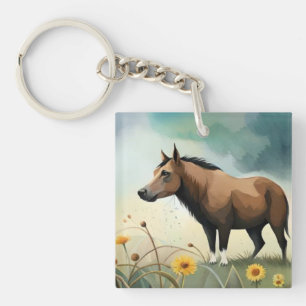 Niedlicher brauner Pony im Blumenfeld Schlüsselanhänger