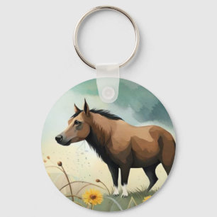 Niedlicher brauner Pony im Blumenfeld Schlüsselanhänger