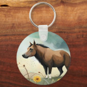 Niedlicher brauner Pony im Blumenfeld Schlüsselanhänger (Vorderseite)