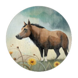 Niedlicher brauner Pony im Blumenfeld Schneidebrett
