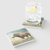 Niedlicher brauner Pony im Blumenfeld Steinuntersetzer (Seitenansicht)