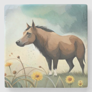 Niedlicher brauner Pony im Blumenfeld Steinuntersetzer