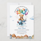 Niedlicher brauner Teddybär Flugzeug 5. Geburtstag Einladung (Vorderseite)