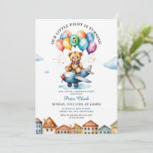 Niedlicher brauner Teddybär Flugzeug 5. Geburtstag Einladung (Stehend Vorderseite)