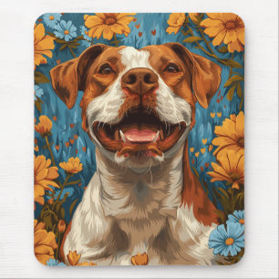 Niedlicher brauner und weißer Hund und Blume Mousepad