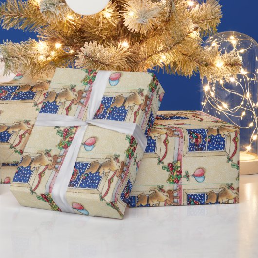 niedlicher, brauner Welpe-Santa-Schlitten in Schne Geschenkpapier (Feiertage)