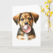 Niedlicher brauner Welpenhund bläst Blase Karte (Gelbe Blume)