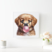 Niedlicher brauner Welpenhund blühendes Kaugummi-K Quadratische Wanduhr (Zuhause)
