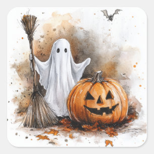 Niedlicher Broomstick-Ghost Quadratischer Aufkleber