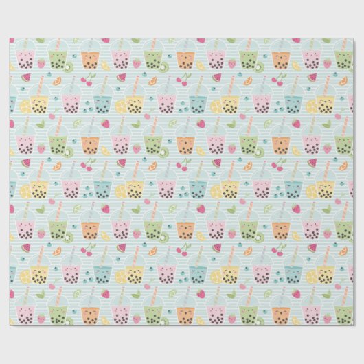 Niedlicher Bubble Tee auf hellblauen, weißen Strei Geschenkpapier (Flach)