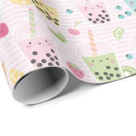 Niedlicher Bubble Tee auf hellrosa und weißem Stre Geschenkpapier