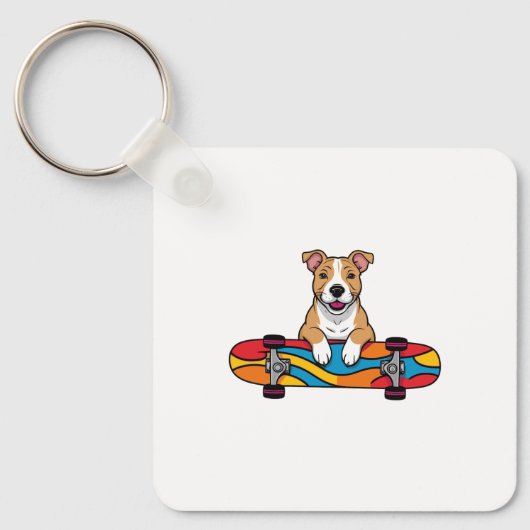 Niedlicher Bull Terrier auf einem Skateboard Schlüsselanhänger (Vorderseite)