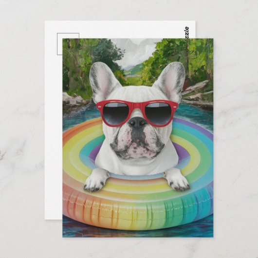 Niedlicher Bulldog genießt eine Floattour Postkarte (Vorne/Hinten)