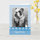 Niedlicher Bulldog Happy Birthday Blue Dot Grußkar Karte (Gelbe Blume)