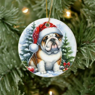 Niedlicher Bulldog in einer Weihnachtsmannmütze Wa Keramik Ornament