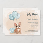 Niedlicher Bulldog Pup Blue Ballons Baby Dusche Einladung (Vorne/Hinten)
