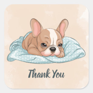 Niedlicher Bulldog Pup Blue Blanket Baby Dusche Quadratischer Aufkleber