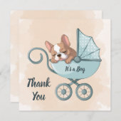 Niedlicher Bulldog Pup Blue Stroller Baby Dusche Dankeskarte (Vorne/Hinten)