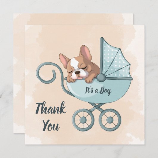 Niedlicher Bulldog Pup Blue Stroller Baby Dusche Dankeskarte (Vorne/Hinten)