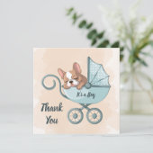 Niedlicher Bulldog Pup Blue Stroller Baby Dusche Dankeskarte (Stehend Vorderseite)