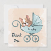 Niedlicher Bulldog Pup Blue Stroller Baby Dusche Dankeskarte (Vorderseite)