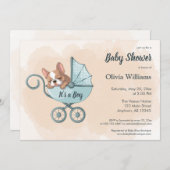 Niedlicher Bulldog Pup Blue Stroller Baby Dusche Einladung (Vorne/Hinten)