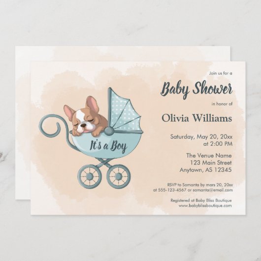 Niedlicher Bulldog Pup Blue Stroller Baby Dusche Einladung (Vorne/Hinten)