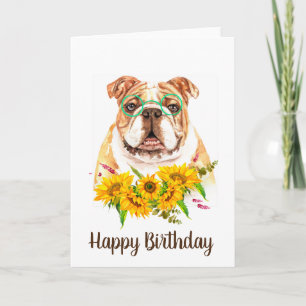 Niedlicher Bulldog & Sonnenblumen zum Geburtstag Karte