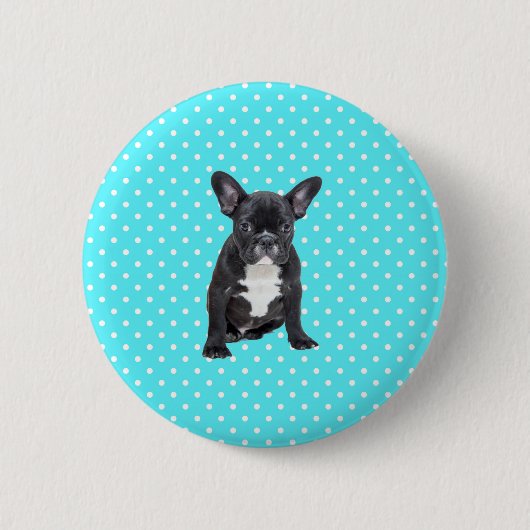 Niedlicher Bulldog Welpe Blue Polka Dots Button (Vorderseite)