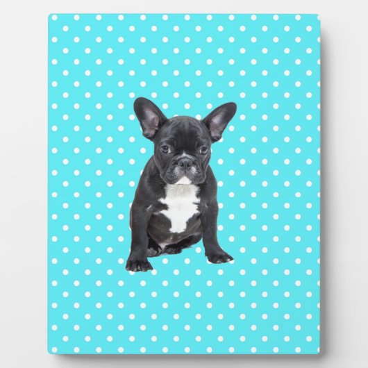 Niedlicher Bulldog Welpe Blue Polka Dots Fotoplatte (Vorderseite)