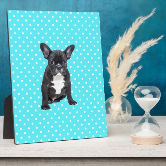 Niedlicher Bulldog Welpe Blue Polka Dots Fotoplatte (Seite)