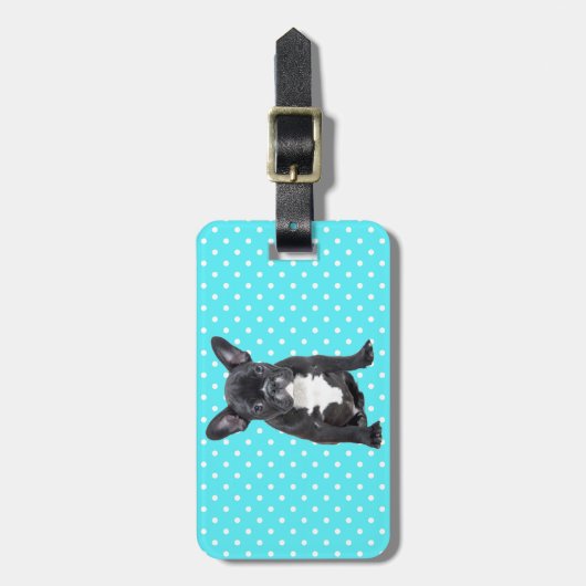 Niedlicher Bulldog Welpe Blue Polka Dots Gepäckanhänger (Vorderseite vertikal)