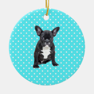 Niedlicher Bulldog Welpe Blue Polka Dots Keramik Ornament