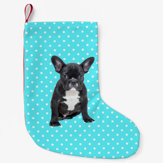 Niedlicher Bulldog Welpe Blue Polka Dots Kleiner Weihnachtsstrumpf (Vorderseite)