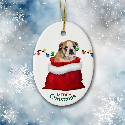 Niedlicher Bulldog Welpe in der Holiday Gift Bag Keramik Ornament