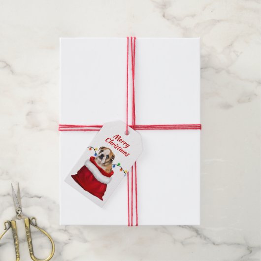 Niedlicher Bulldog Welpe in Santa Bag Geschenkanhänger (Mit Garn)
