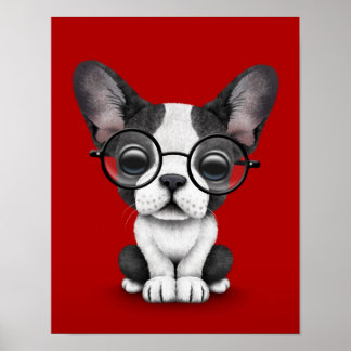 Niedlicher Bulldog Welpe mit Brille, rot Poster