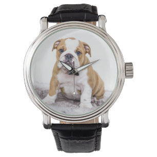 Niedlicher Bulldog-Welpe sitzend Armbanduhr