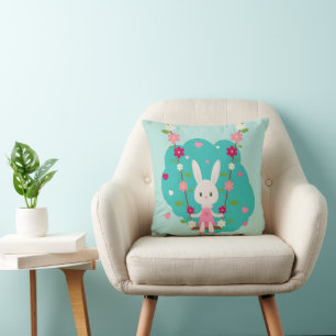 Niedlicher Bunny auf Swing Blume Red Blue Hearts Kissen