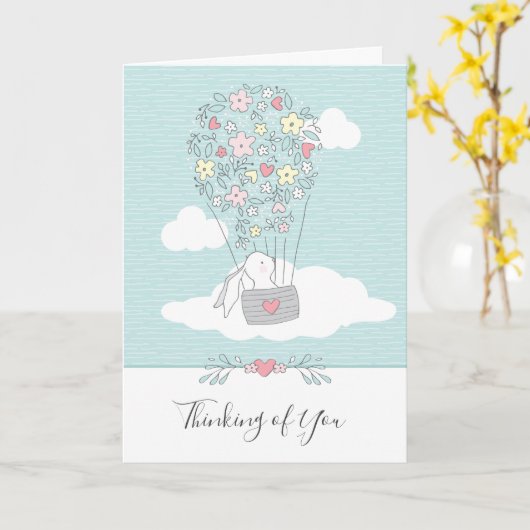 Niedlicher Bunny Hot Air Ballon Denken Sie an Ihre Karte (Gelbe Blume)