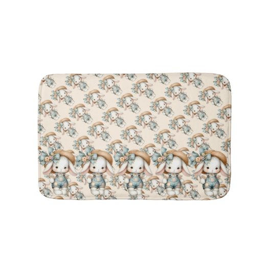 Niedlicher Bunny in Overalls mit Strohhut & Bow Badematte (Vorderseite)