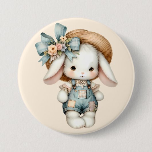 Niedlicher Bunny in Overalls mit Strohhut & Bow Button (Vorderseite)