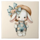 Niedlicher Bunny in Overalls mit Strohhut & Bow Fliese (Vorderseite)