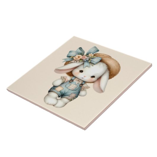 Niedlicher Bunny in Overalls mit Strohhut & Bow Fliese (Seite)