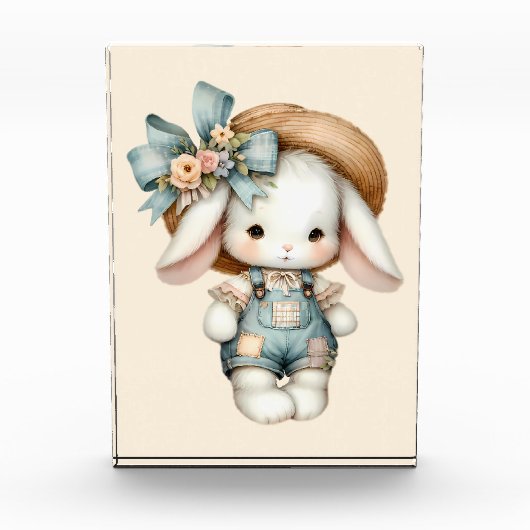 Niedlicher Bunny in Overalls mit Strohhut & Bow Fotoblock (Vorderseite)
