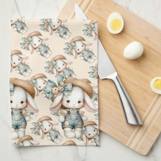 Niedlicher Bunny in Overalls mit Strohhut & Bow Geschirrtuch (Viertel Falte)