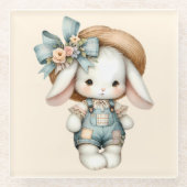 Niedlicher Bunny in Overalls mit Strohhut & Bow Glasuntersetzer (Vorderseite)
